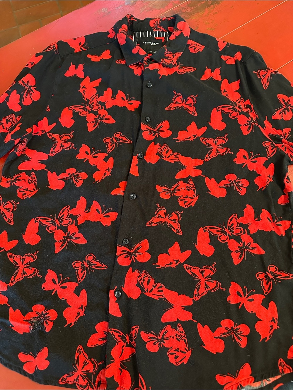 Cactus Man Men's Black Button-Down Shirt with Red Butterfly Print large